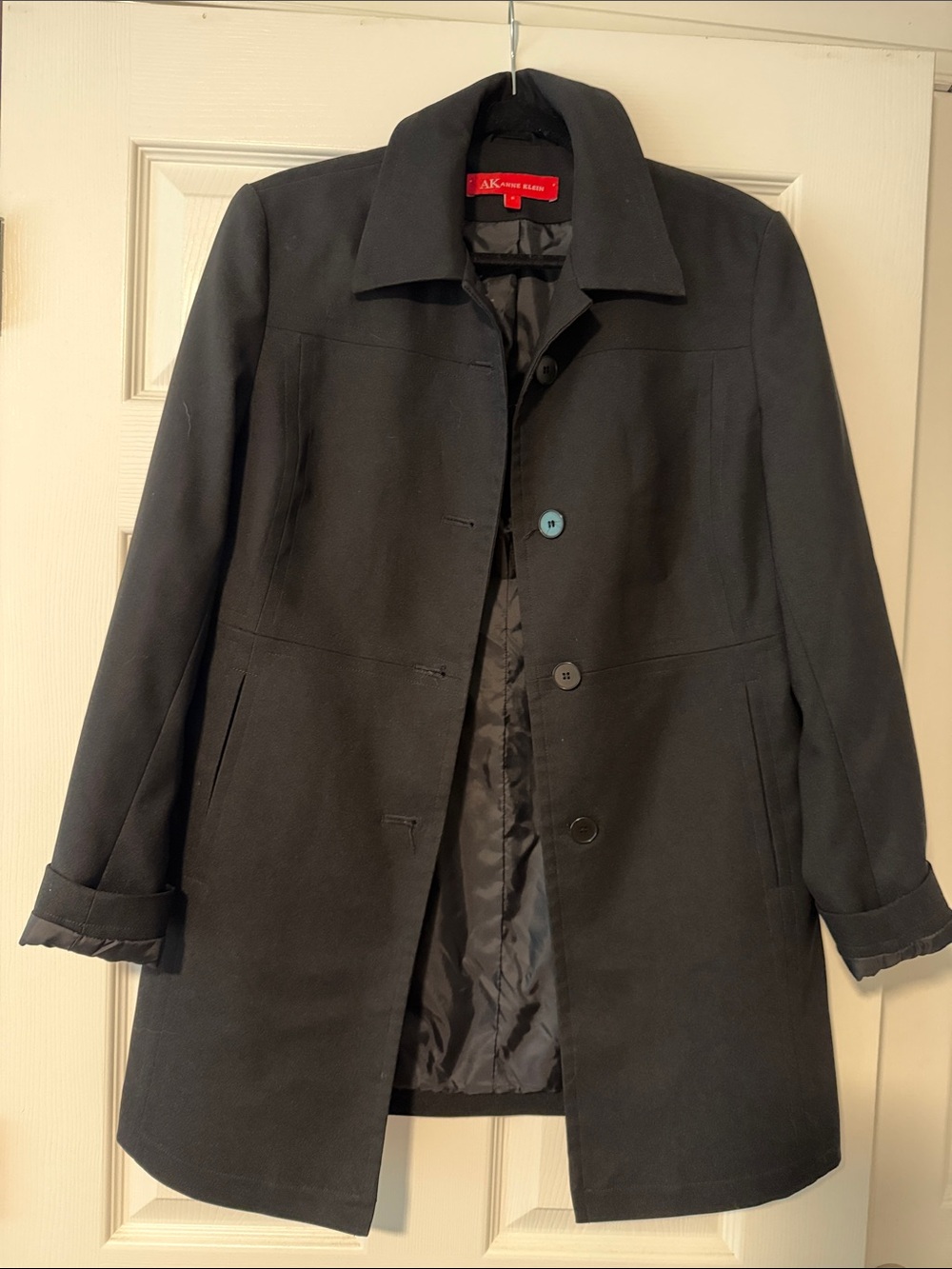 Anne Klein Black Single-Breasted Wool-Blend Coat